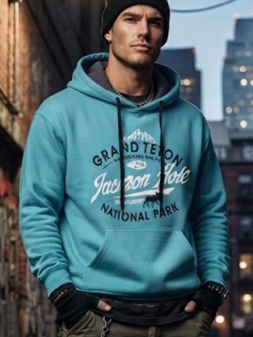 Fruit of the Loom Grand Teton Jackson Hole National Park Turquoise Blue Hoodie